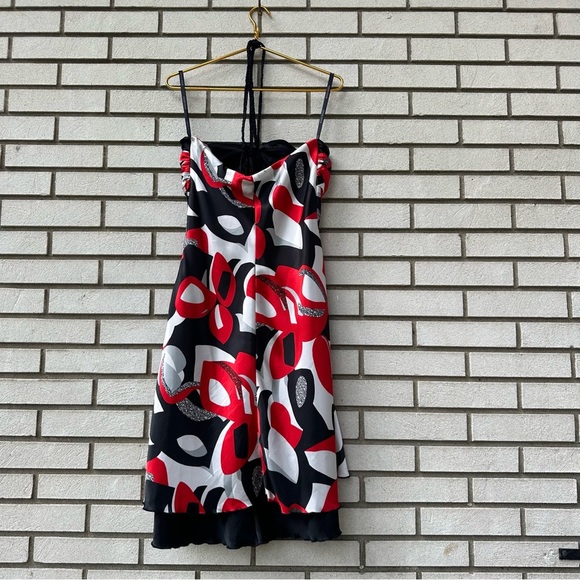 Bisou Bisou Y2K Red Black White Abstract Halter Dress Sz 12 Homecoming Hoco - Picture 7 of 10